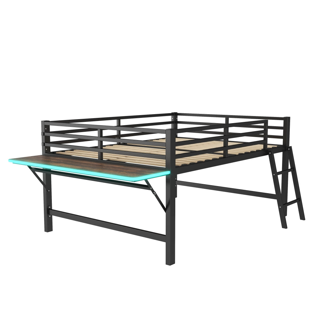 Letto in metallo 140x200 cm con scrivania pieghevole; scala; sponde e LED; nero