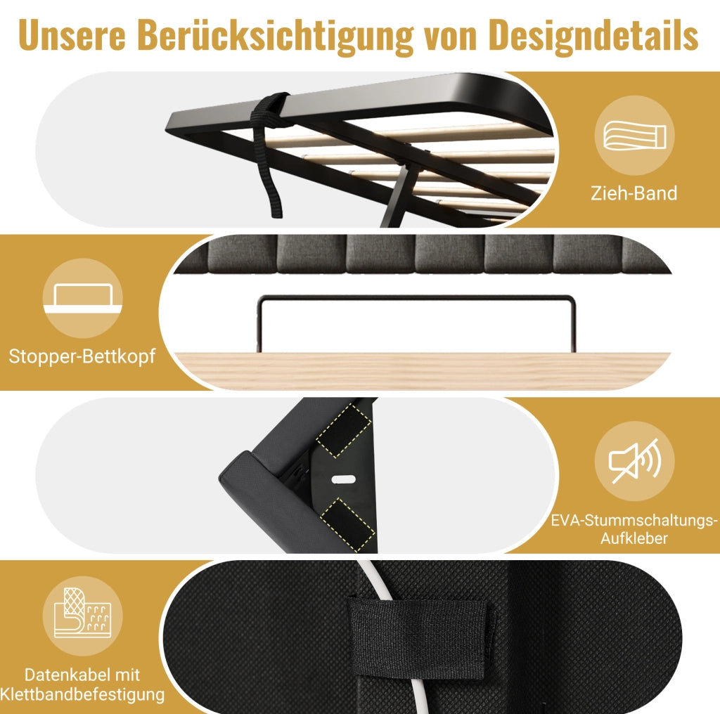 Letto imbottito 160x200 grigio con LED, USB-C e contenitore