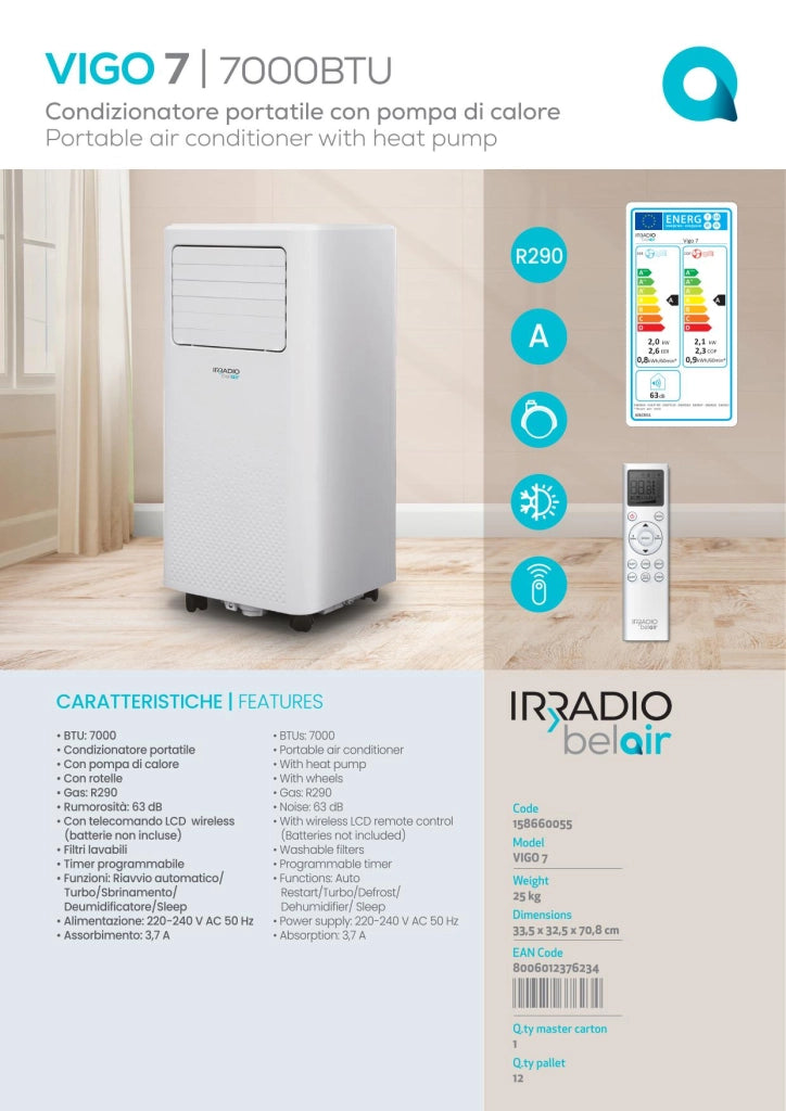 Irradio VIGO 7 Condizionatore Portatile 7000 BTU con Pompa di Calore Caldo/Freddo
