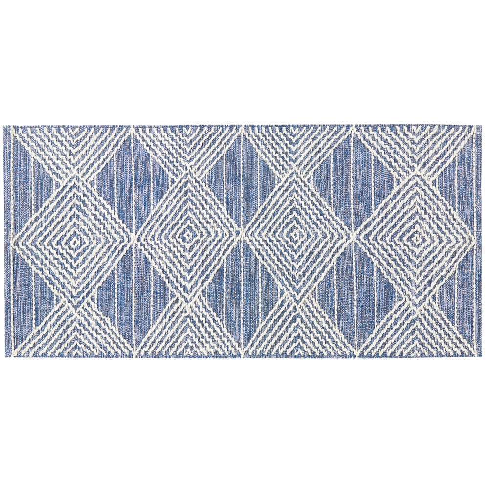 Tappeto in lana beige chiaro e blu poliestere 80 x 150 cm intrecciato a mano motivo geometrico boho soggiorno camera da letto