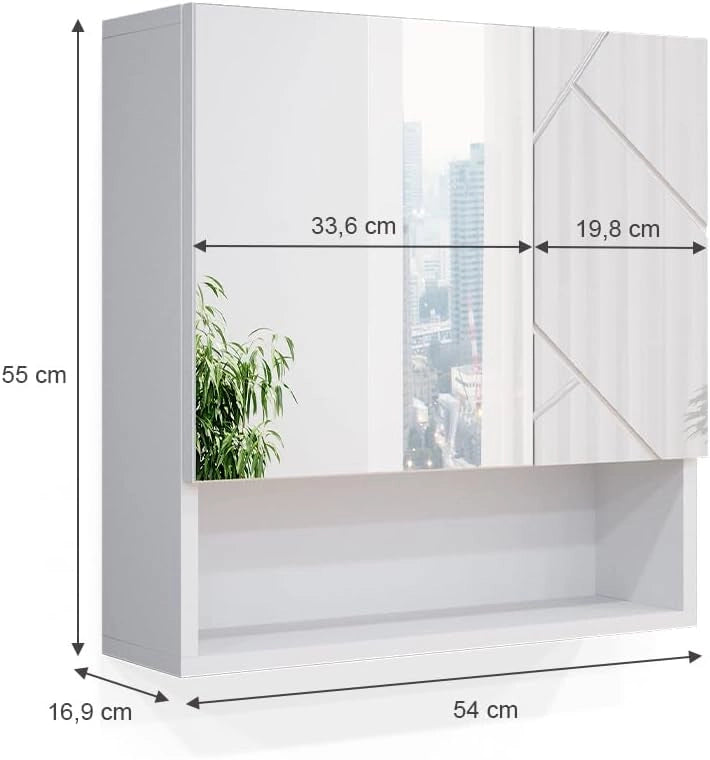 Specchio contenitore bagno Irma, Bianco lucido, 54 x 55 cm, per montaggio a parete con specchio e vani a giorno