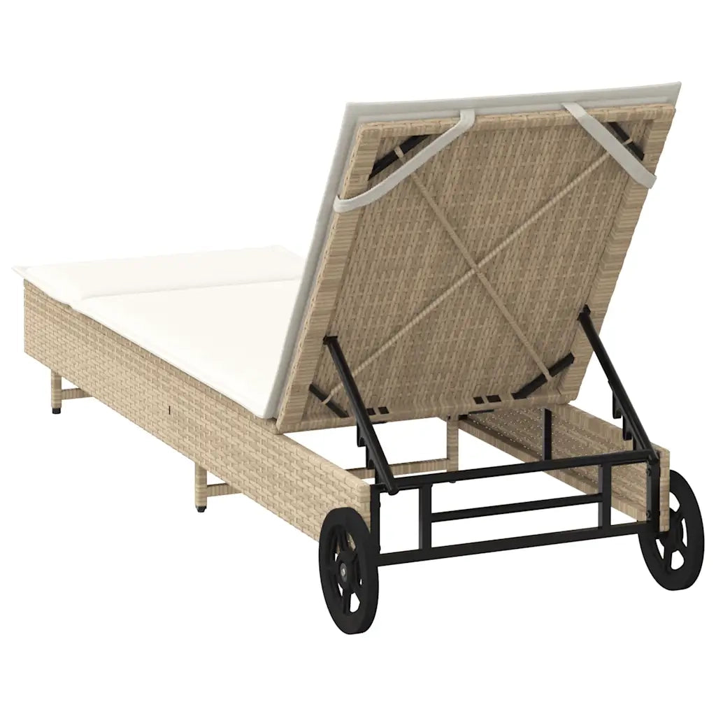 Lettino Prendisole | Sdraio da giardino | Lettino da sole con Ruote e Cuscino in Polyrattan Beige