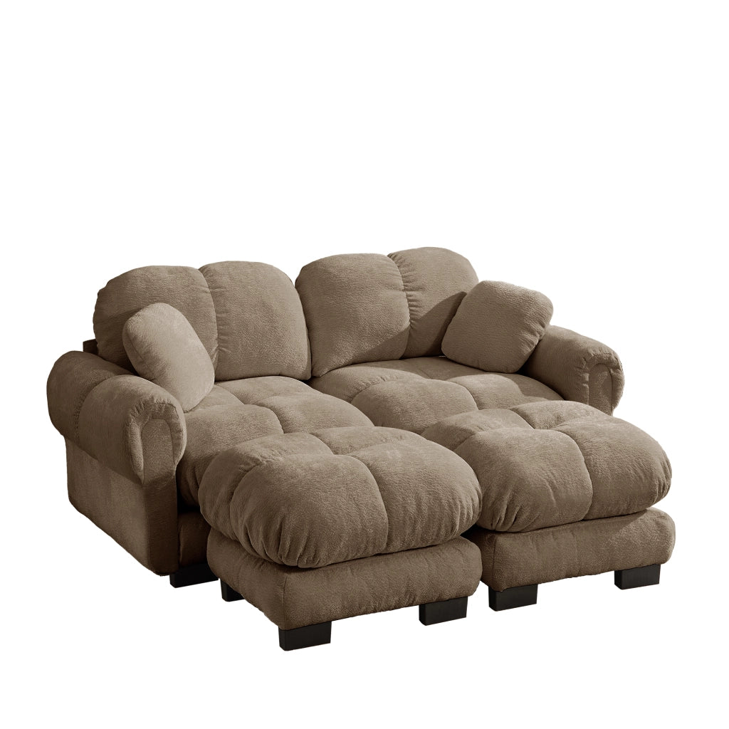 Divano modulare a U 2 posti con cuciture trapuntate; cuscini spessi e ottomana mobile in chenille marrone 190×149×90 cm
