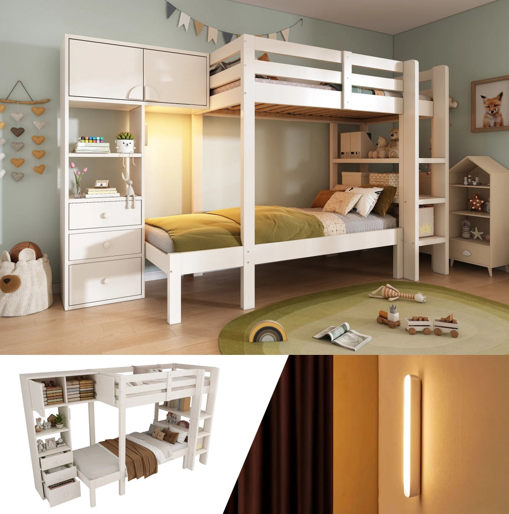 Letto a castello sfalsato 90x200 bianco con armadio e luce LED
