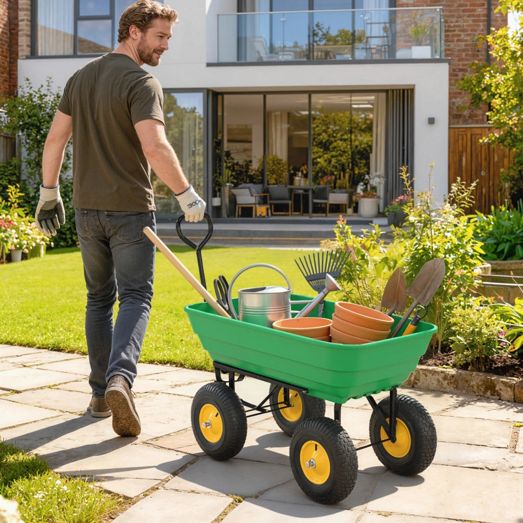 Carrello da Giardino 4 Ruote ¨C zephmum ¨C Giallo Verde 75L 200kg