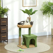 ALBERO TIRAGRAFFI PER GATTI CON CASETTA LETTINO E 2 PALLINE IN LEGNO E POLIESTERE 44X30X98 CM VERDE E MARRONE