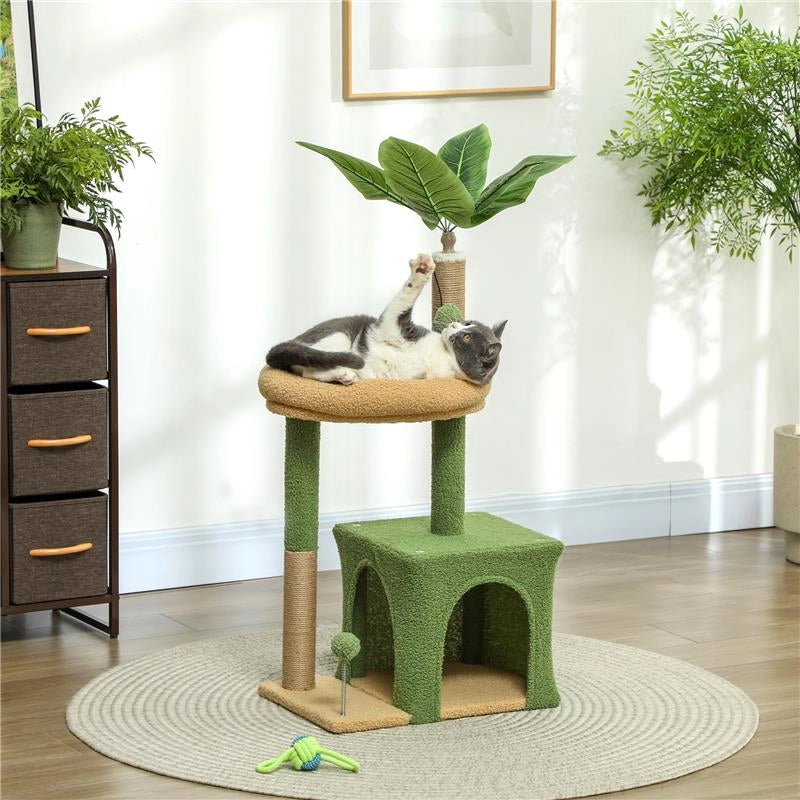 ALBERO TIRAGRAFFI PER GATTI CON CASETTA LETTINO E 2 PALLINE IN LEGNO E POLIESTERE 44X30X98 CM VERDE E MARRONE
