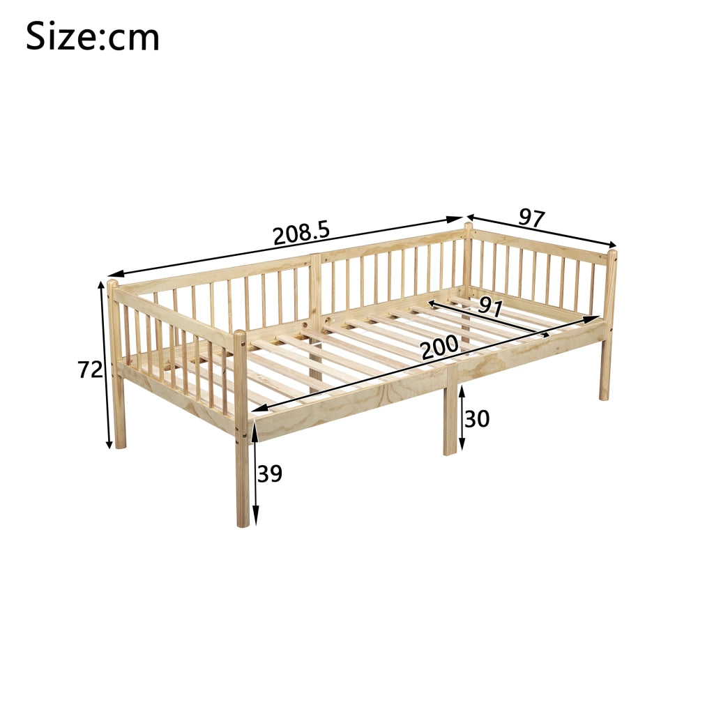 LETTO A GIORNO 90x200 cm in legno di pino naturale con sponde laterali