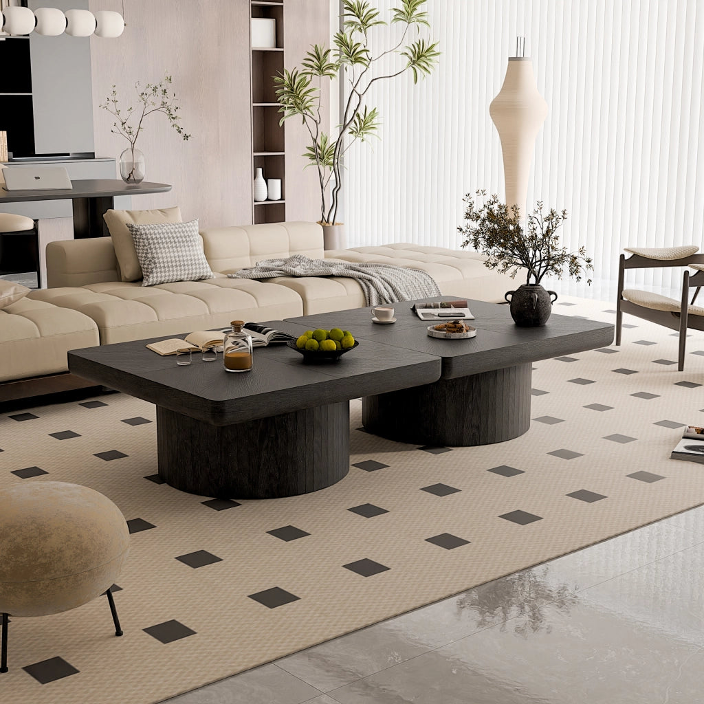 Tavolino basso quadrato con piano effetto parquet e base cilindrica piano spesso nero 86.12 × 85.54 × 18.04 cm