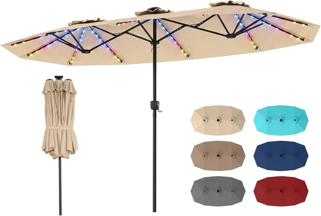 Ombrellone da Giardino Doppio 400 X 210 cm, con Luci LED Regolabile, Manovella, Pannello Solare, Anti-UV, 12 Stecche Metalliche, per Terrazza, Piscina e Cortile