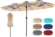 Ombrellone da Giardino Doppio 400 X 210 cm, con Luci LED Regolabile, Manovella, Pannello Solare, Anti-UV, 12 Stecche Metalliche, per Terrazza, Piscina e Cortile