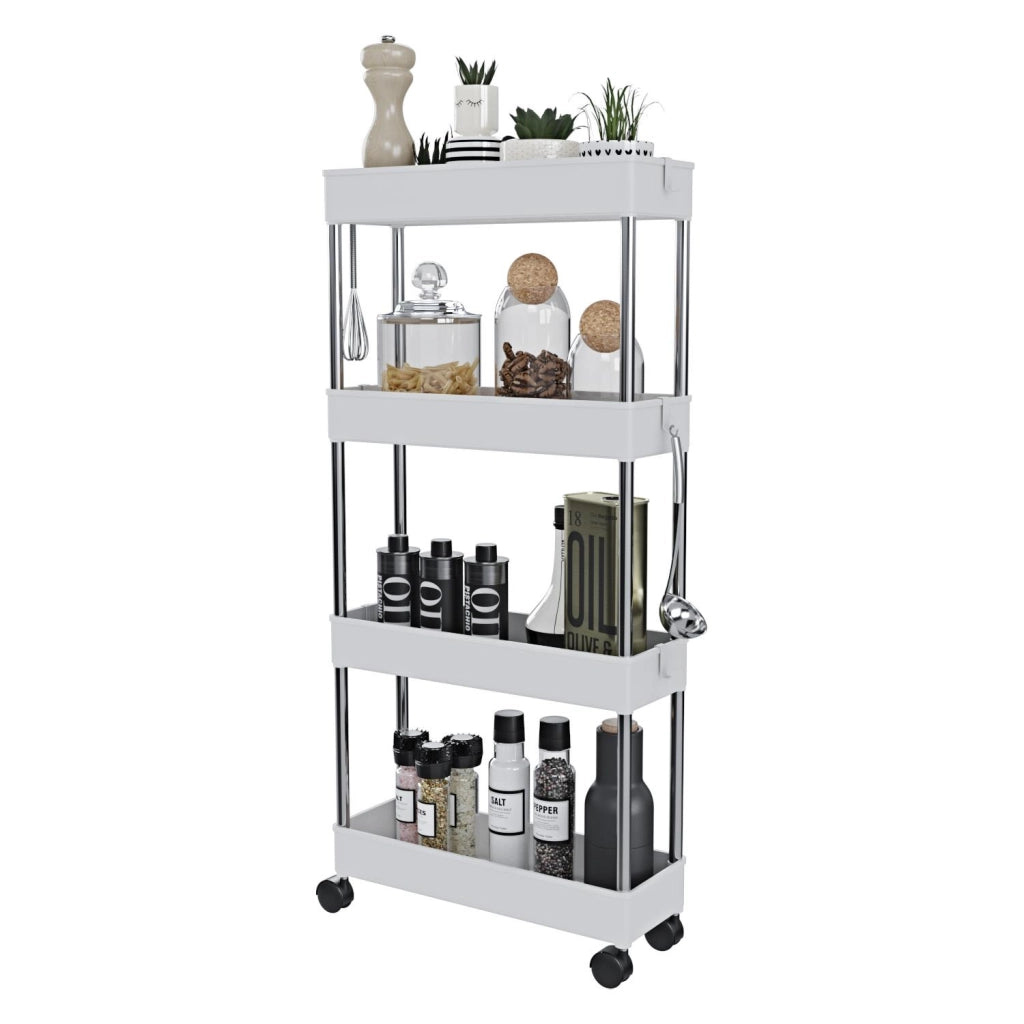 Carrello Portaoggetti A 4 Ripiani Mobile Salvaspazio In Plastica Con Ruote Struttura In Acciaio Per Spazi Ridotti Cucina Bagno Lavanderia Camera Da Letto Salotto Studio 40 x 13 x 85 Cm Bianco