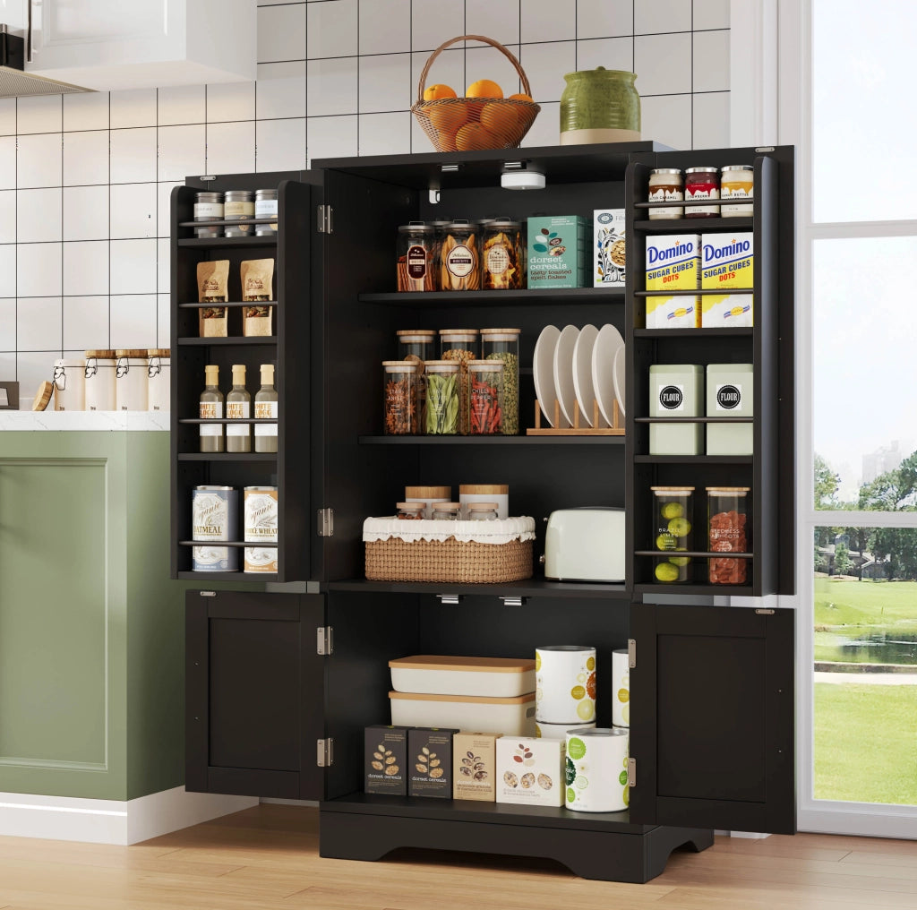 Credenza alta moderna 120x60x40 cm in MDF, 4 ante, con luce LED a sensore, nero