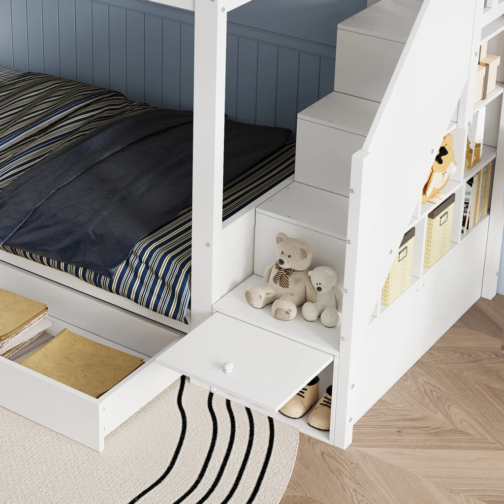 Letto a castello per bambini 90 × 200 cm con scala contenitore e 2 cassetti, senza materasso, in legno, bianco