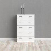 Cassettiera a cinque cassetti con maniglie, colore bianco, Misure 74 x 114 x 36 cm
