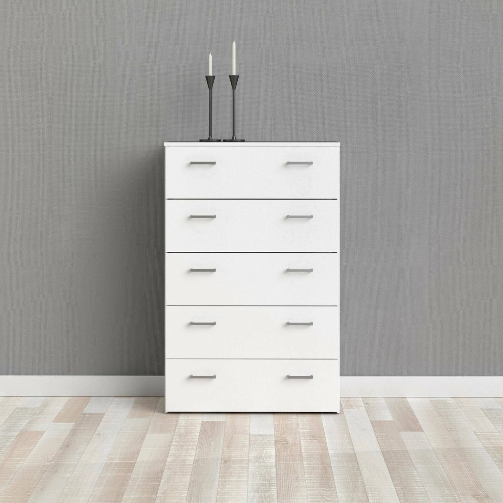 Cassettiera a cinque cassetti con maniglie, colore bianco, Misure 74 x 114 x 36 cm