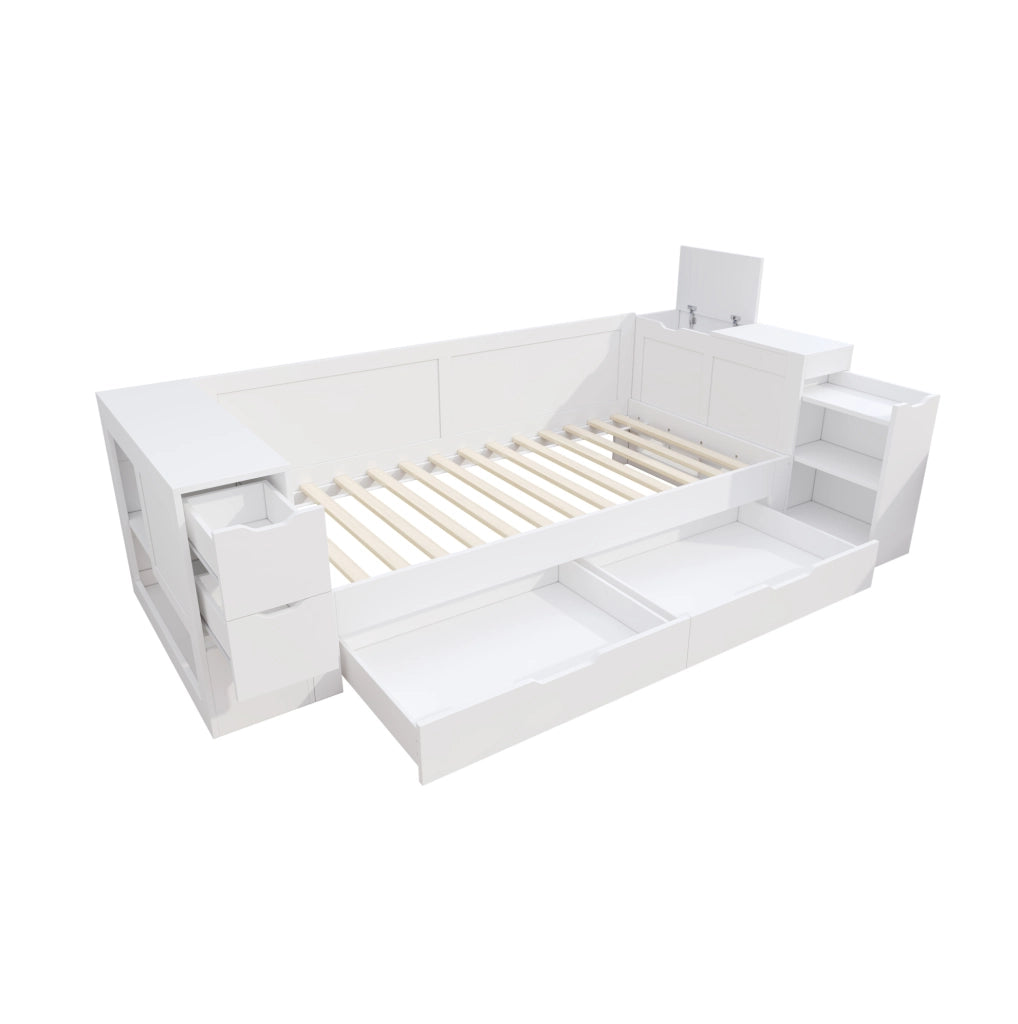 Letto bambini multifunzione 90x200 cm in MDF bianco con cassetti; ripiani e comodino