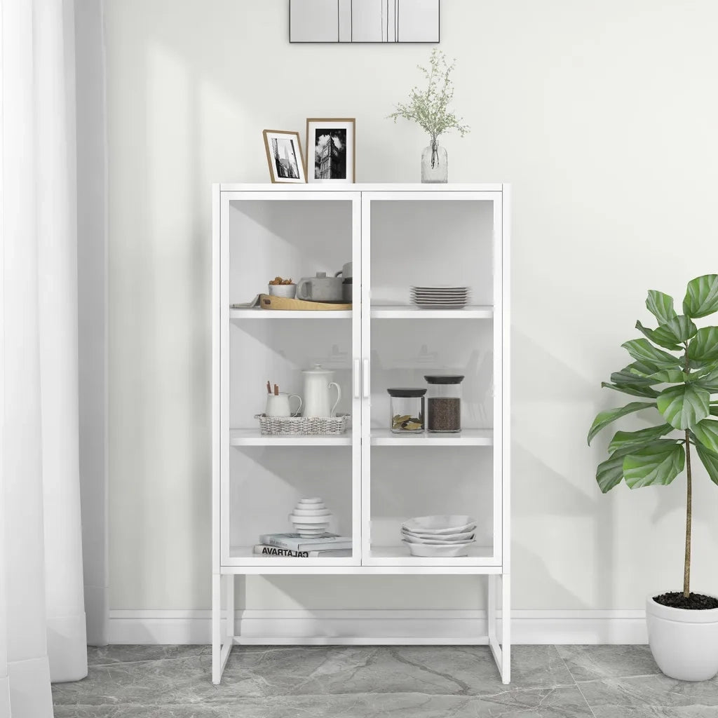 Credenza Alta Bianca 80x35x135 cm Acciaio e Vetro Temperato 335884