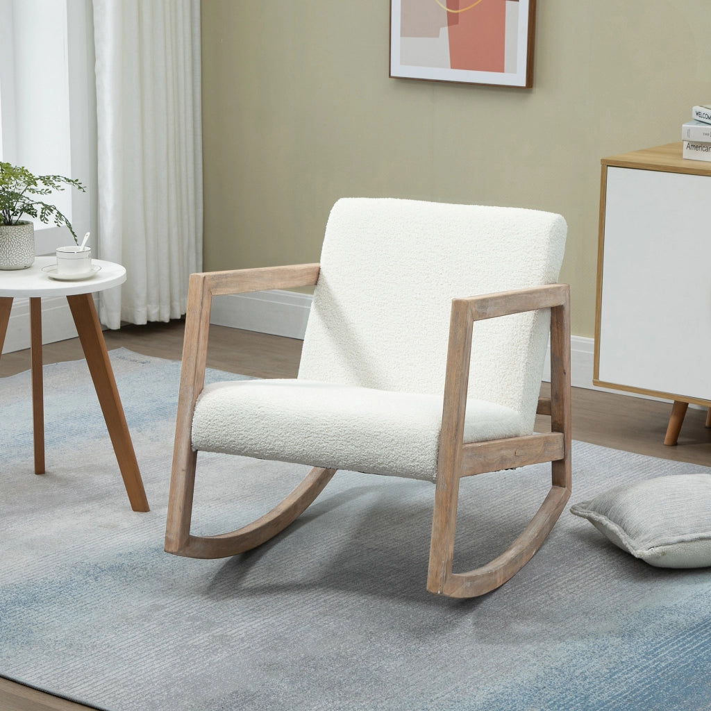 Poltrona a dondolo ¨C Xylo ¨C tessuto boucl¨¦ bianco crema, gambe legno massello