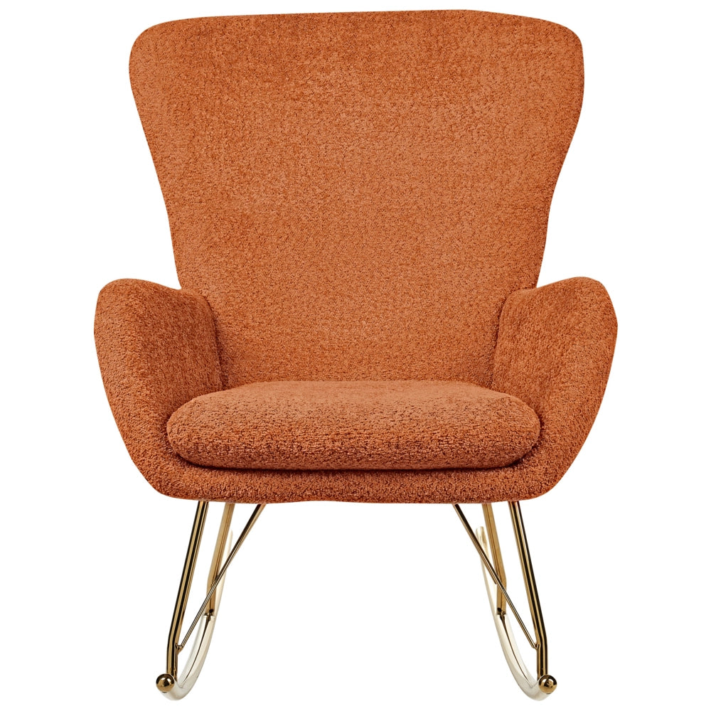 Sedia a dondolo in tessuto poliestere boucle arancione Rivestimento in metallo Gambe a pattini Design tradizionale e retrò