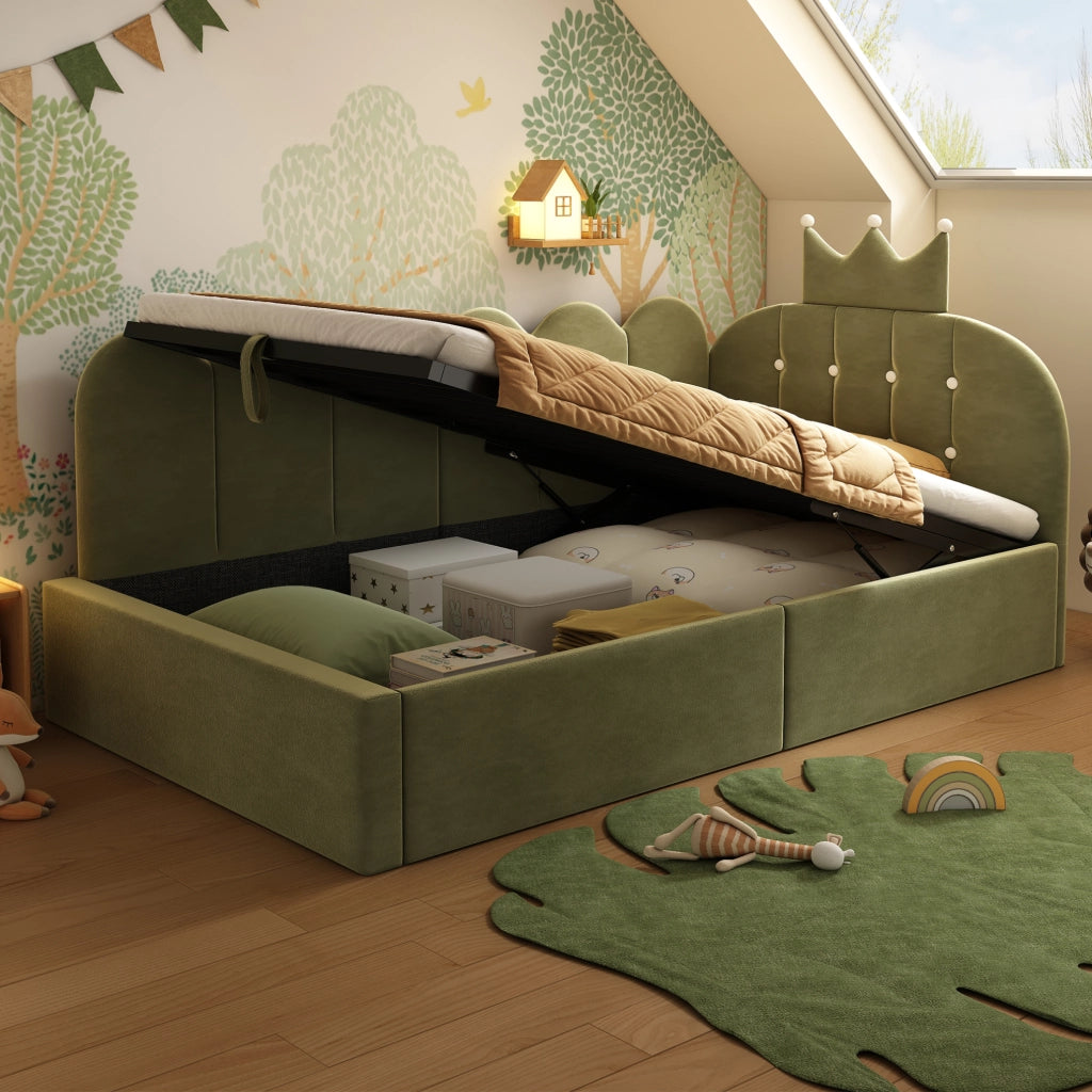 Letto daybed singolo 90x190 cm con contenitore; design corona in velluto verde