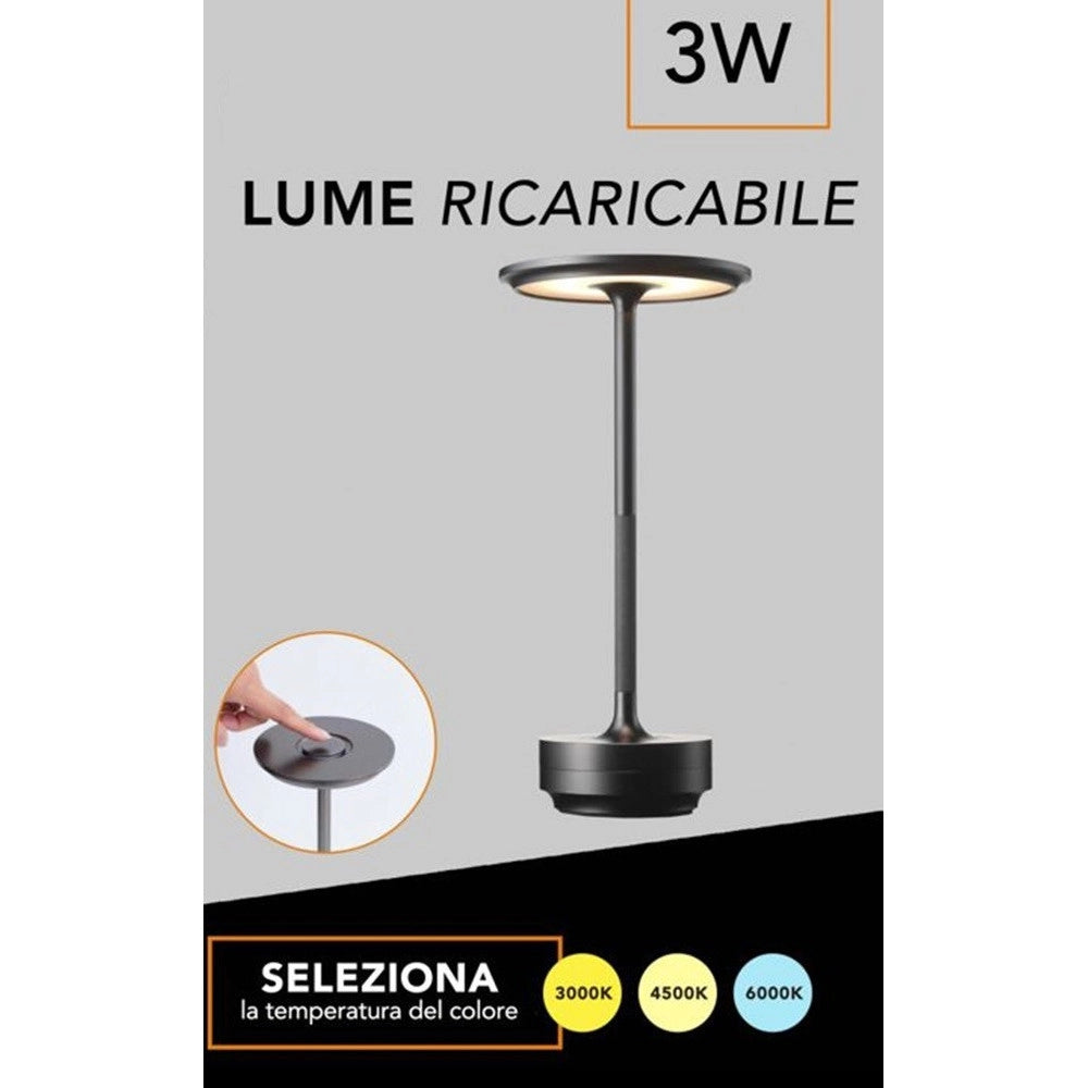 Trade Shop - Lampada Da Tavolo Moderna 3w Lume Ricaricabile Touch Dimmerabile Tecnologia Cct D38-3c - Nero