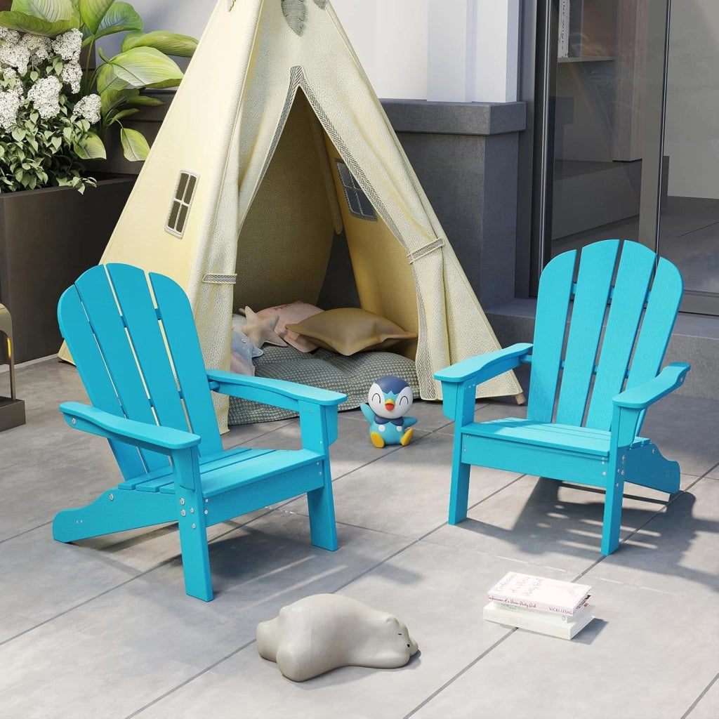 Sedia Adirondack per Bambini da Giardino, Sedie Ergonomica in HDPE con Schienale Inclinato e Braccioli, Poltrona per Interno ed Esterno, per Bambini 3 a 8 Anni, 52 x 53,5 x 64 cm (Azzuro)