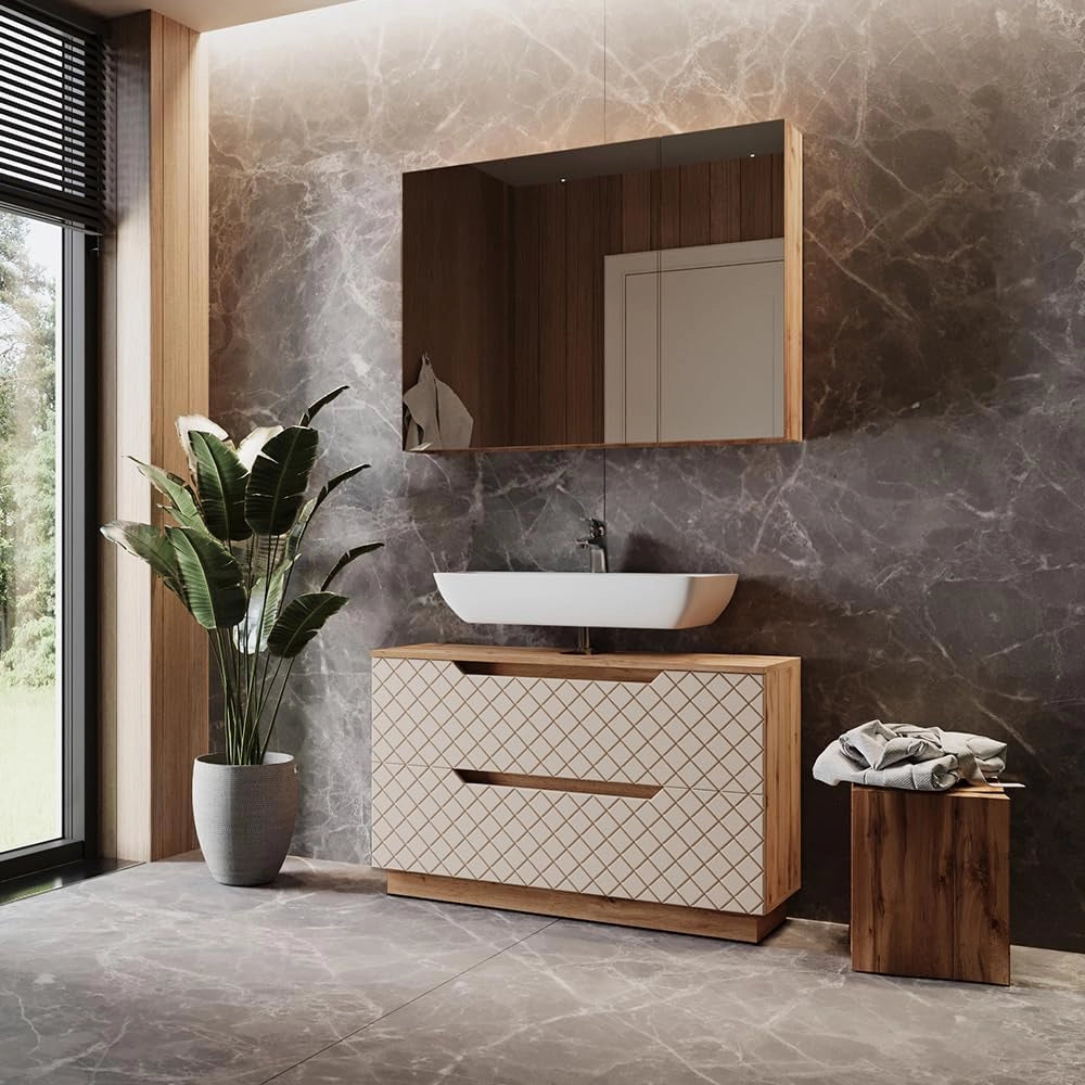 Set di mobili da bagno Lotta, Rovere/cashmere con struttura in piastrelle, 2 parti