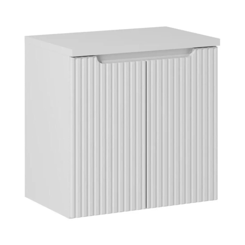 Set bagno sospeso VANO bianco 60cm: mobile sottolavabo con ante a righe + piano per lavabo bianco