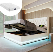Letto matrimoniale 140x200 cm in PU bianco con contenitore; LED 3 lati e USB Type-C