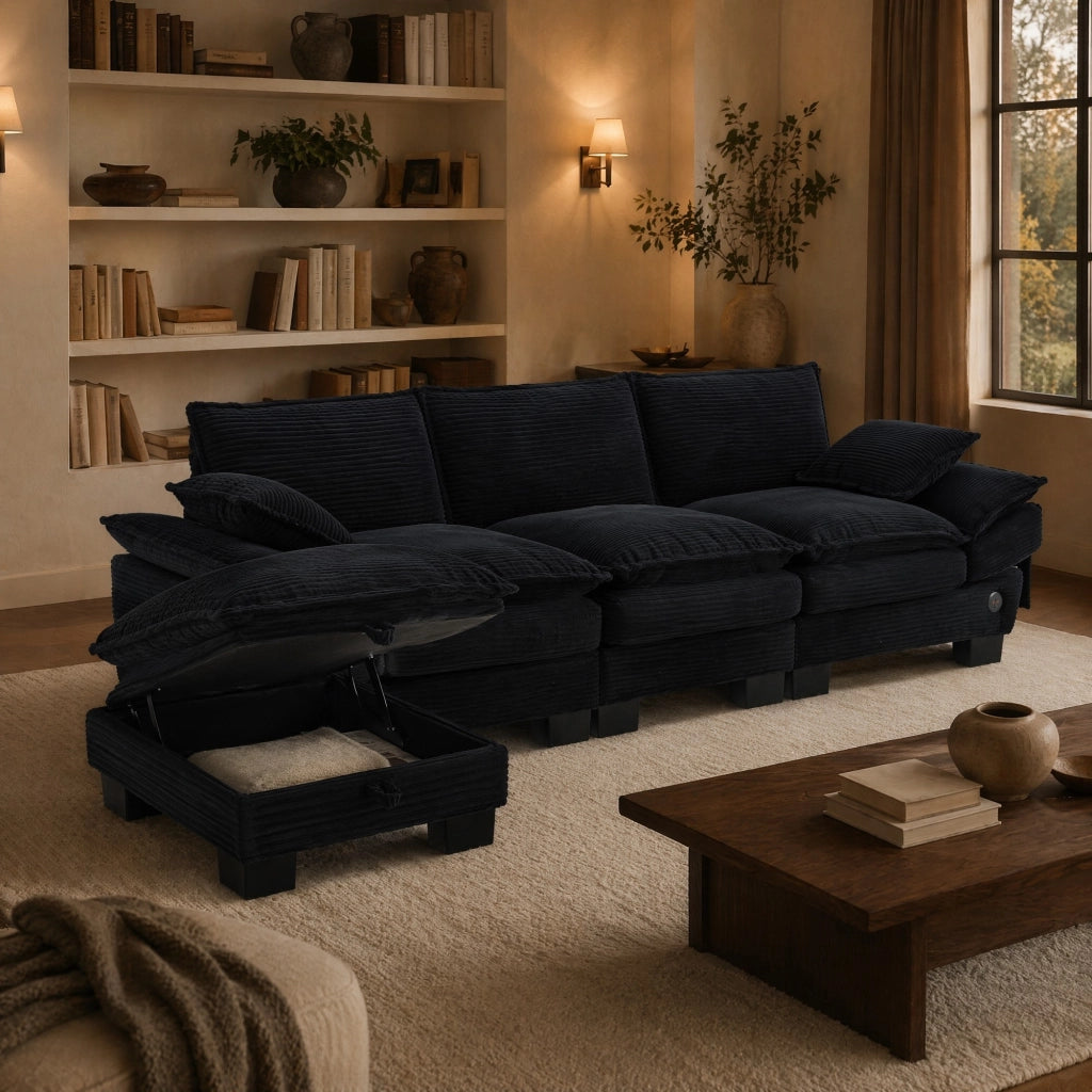 DIVANO modulare 3 posti con pouf 260x132x84 cm Corduroy nero
