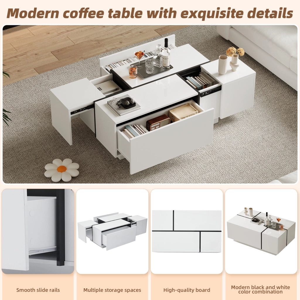 Tavolino da caffè moderno 100x60x40 cm in truciolare bianco e nero; 4 cassetti; piano lucido