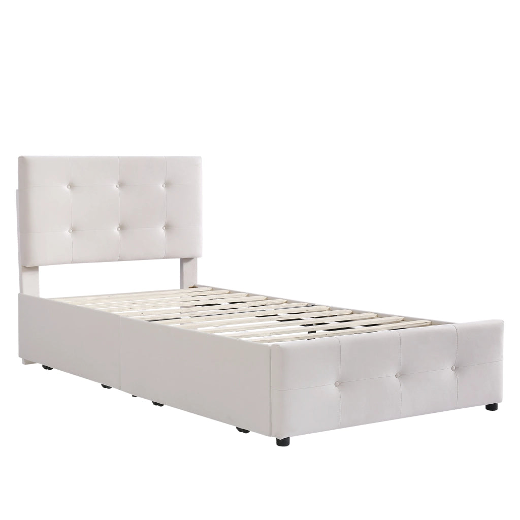 Letto imbottito con cassetti singolo 90×200 cm con rete e testiera; senza materasso; velluto; beige
