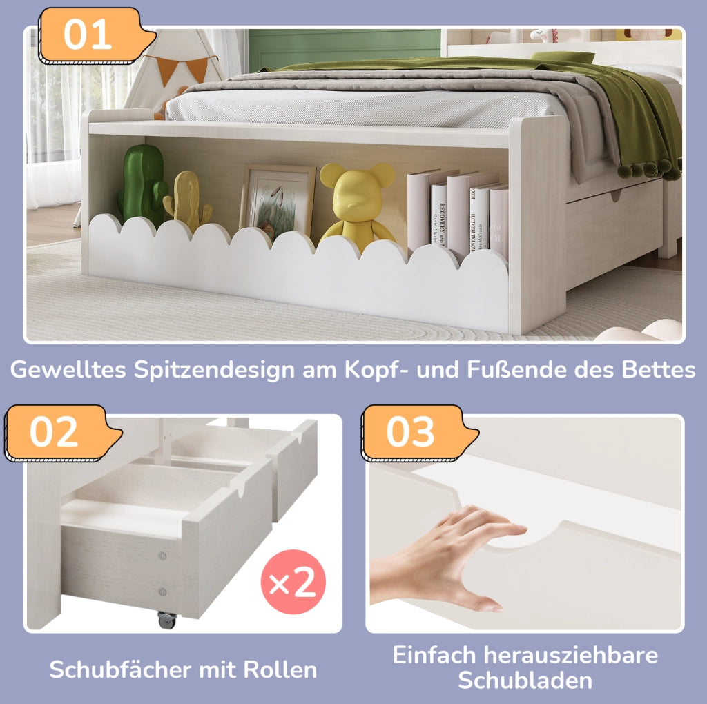 LETTO Singolo 90x200 cm con Cassetti, Scaffali e Modulo contenitore Bianco e Rovere