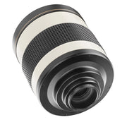 Obiettivo fotografico catadiottrico 800/8,0 DSLR per attacco MFT - lunghezza 131mm - per lunghezza focale 800mm - sensore full-frame/APS-C - adattatore T2 - messa a fuoco ravvicinata 3,5m