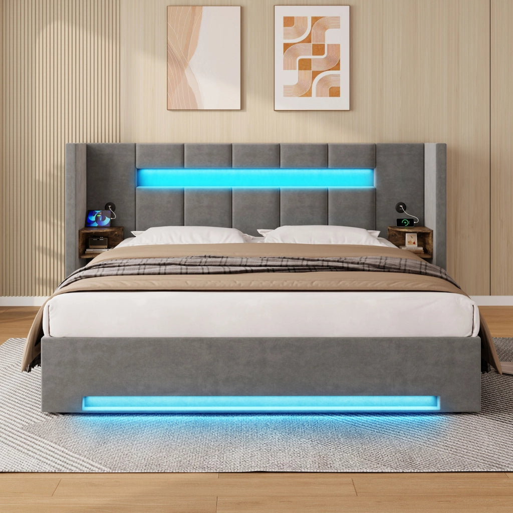 Letto 160x200 cm con contenitore; LED e USB in velluto grigio scuro