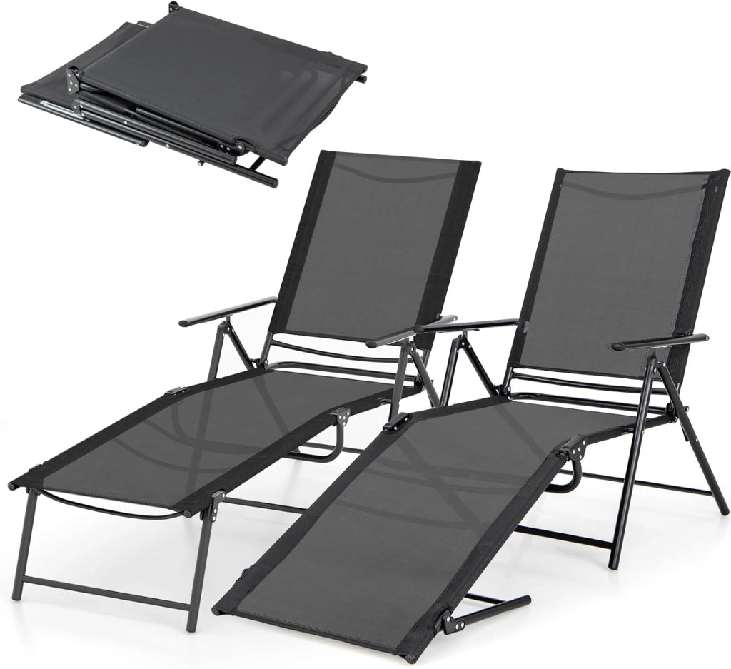 Set di 2 Sedie a Sdraio Pieghevolecon Schienale Regolabile e Poggiapiedi, Capacità di Carico 150 kg, Lettino Prendisole da Giardino Ideali per Patio, Giardino e Piscina, Nero