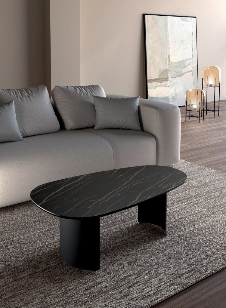 Tavolino Dolmen con top in ceramica marmo nero portoro e struttura in metallo nero - Stones