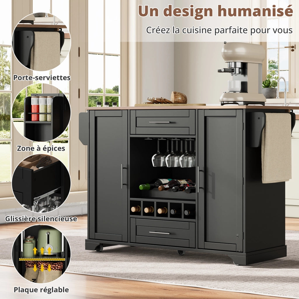 Carrello da cucina con 2 ante; 2 cassetti; ripiani regolabili; portabicchieri e portaasciugamani; 138x45x92 cm