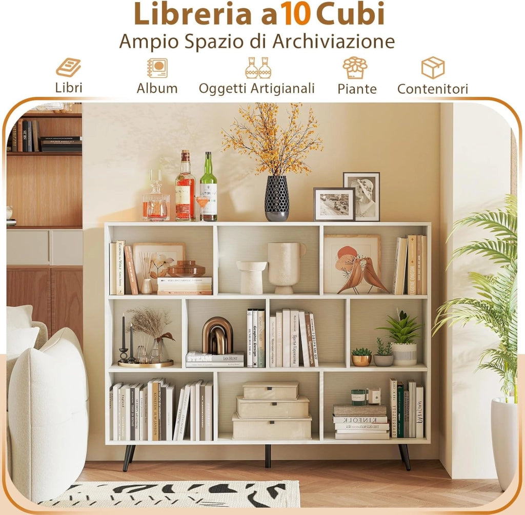 Libreria a 10 Cubi, Organizzatore di Stoccaggio Moderno con 5 Gambe di Metallo, Scaffale per Esposizione con 2 Kit Anti-Ribaltamento per Soggiorno Studio Camera da Letto, Bianco (140x24x107cm)