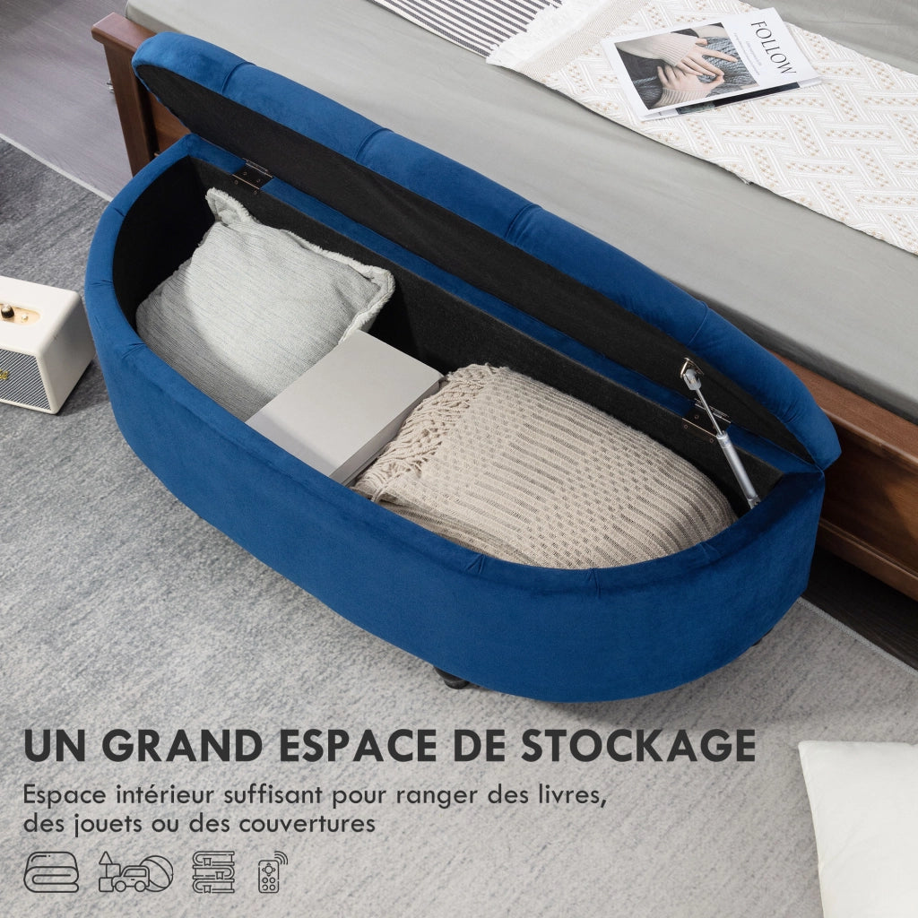 Pouf Contenitore 2 in 1 Capitonnato ¨C Zephmum ¨C Semicerchio in Velluto Blu con Piedi in Legno