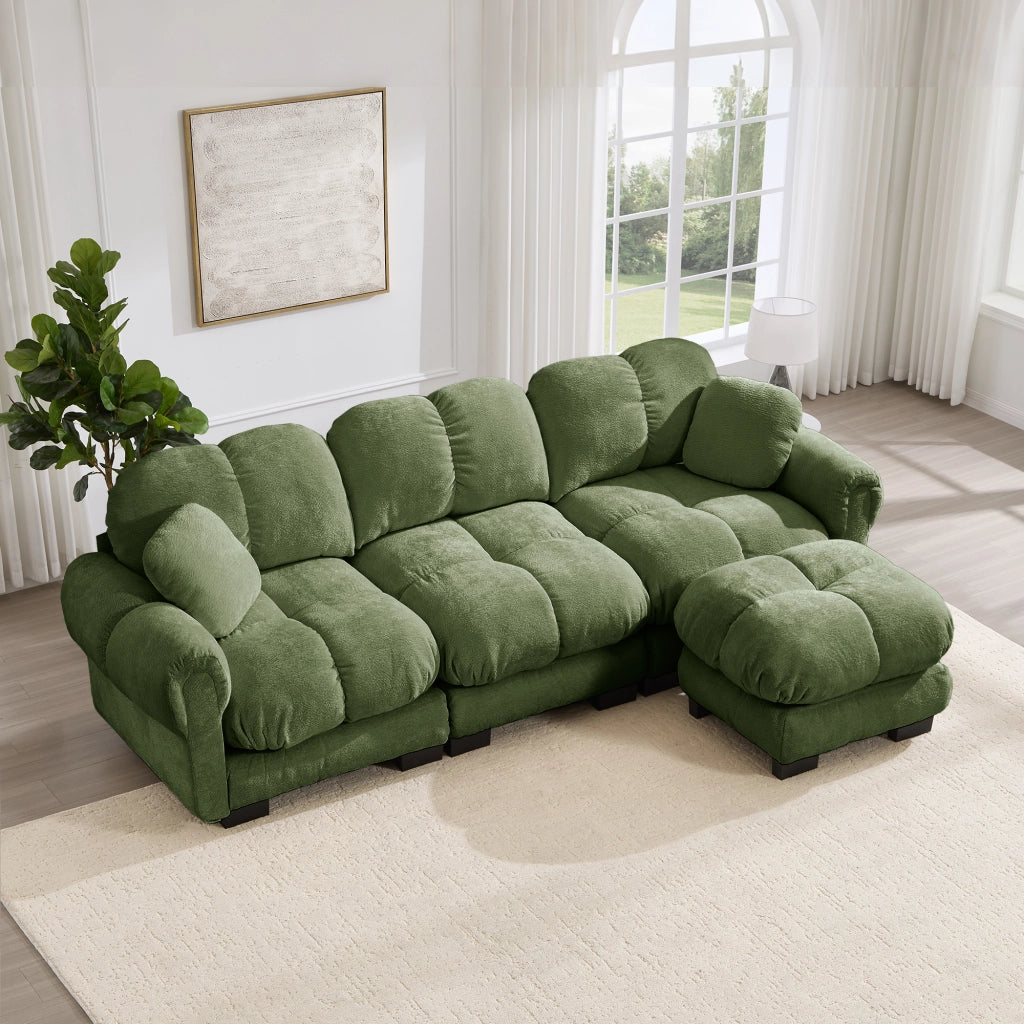 Divano angolare modulare in chenille con cuscini mobili e seduta imbottita, verde per soggiorno 260 × 149 × 90 cm