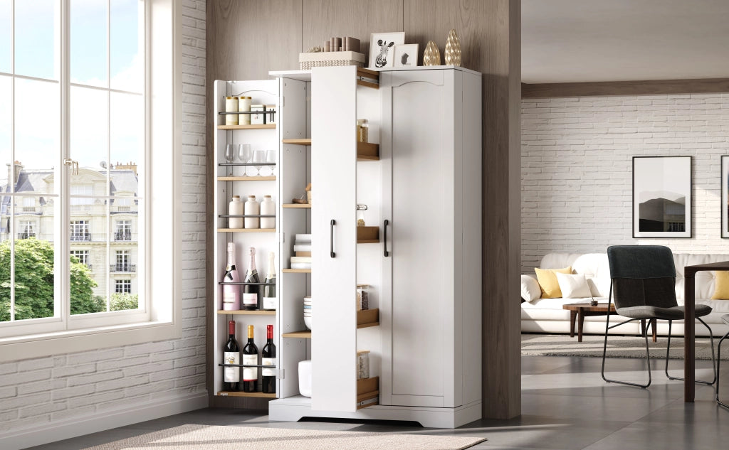 Credenza da cucina con estraibile verticale a 4 livelli, 2 ante e ripiani regolabili per cucina e soggiorno, bianco 150 × 78 × 40 cm