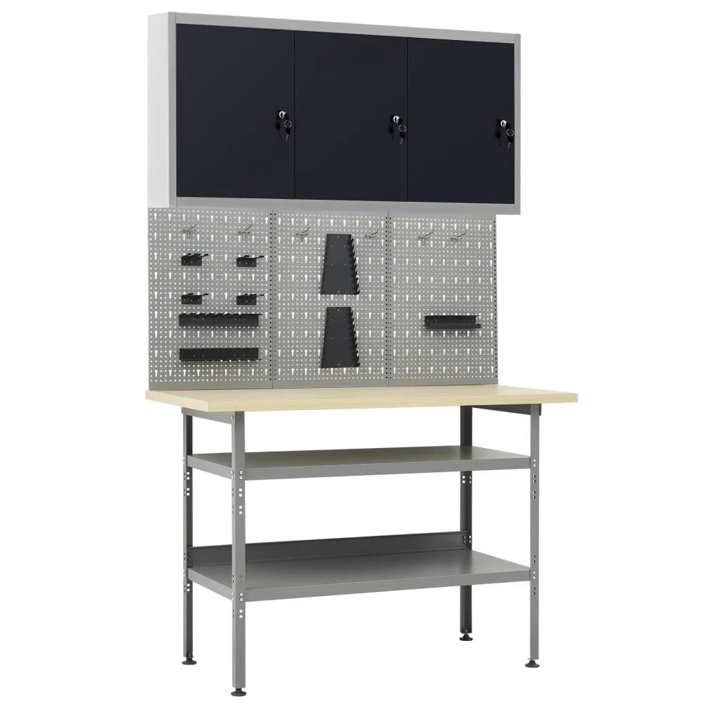 Banco da lavoro da 120 cm con 3 pannelli a parete e 1 mobiletto da garage tavolo da lavoro grigio/nero 02_0003662