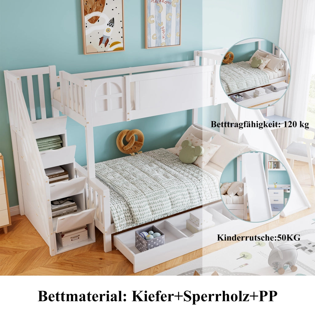 OKWISH Letto a Castello 90×200 cm e 120×200 cm, Letto 2 Posti con Scivolo, Cassetto e Scala Contenitore, senza Materasso, Bianco