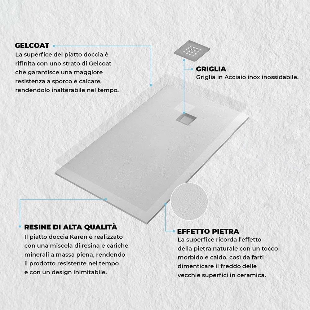 Piatto doccia su misura 80x140 Karen in resina bianco effetto pietra