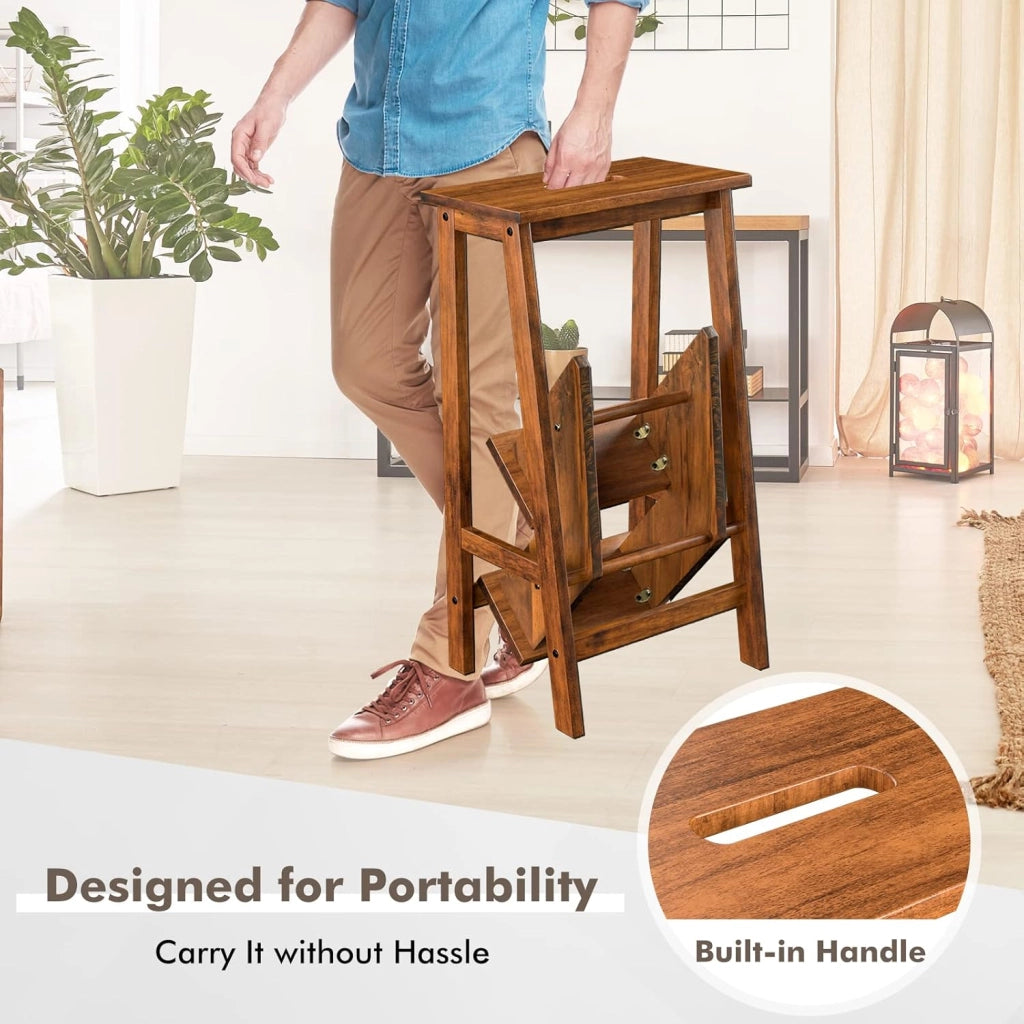 Sedia a Scala in Legno a 3 Livelli, Sgabello a Scala Multifunzionale Pieghevole, Altezza 76 cm, Portata Totale 310 kg, 2 Colori
