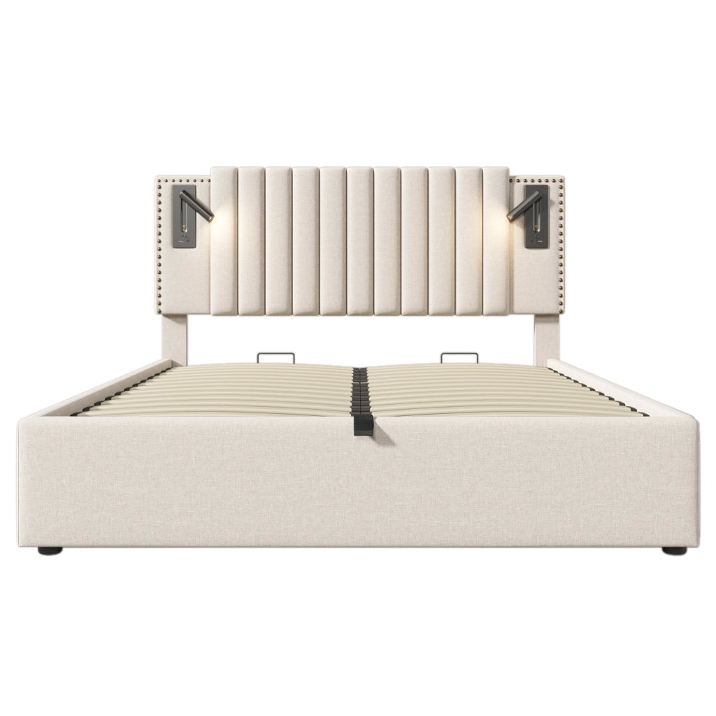 Letto imbottito 160x200 con contenitore - Zephmum- Tessuto in cotone beige, luce LED USB, testiera con borchie