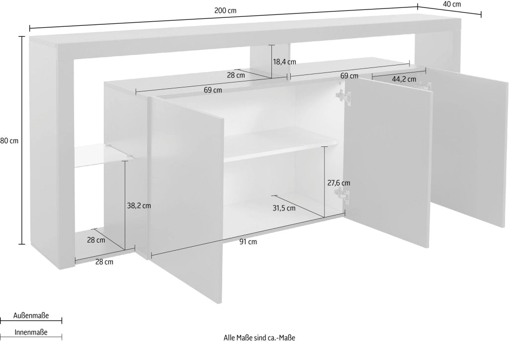 Credenza Essential 3 Ante 200 cm, Ripiani in Vetro, Made in Italy