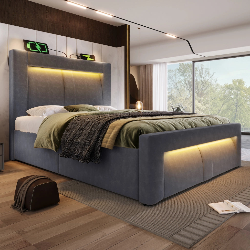 Letto imbottito idraulico con luci LED e porta USB 90x200 cm velluto grigio